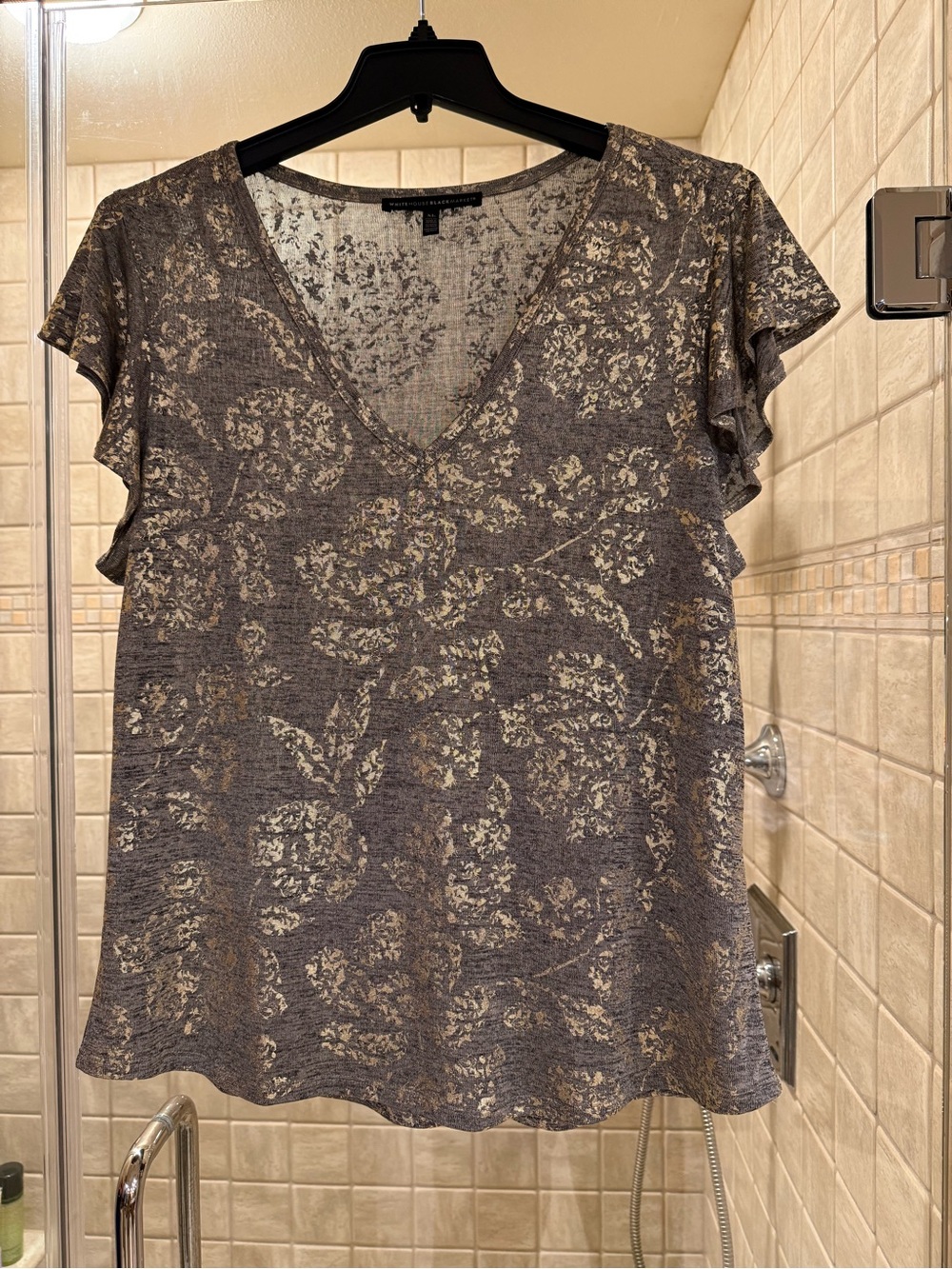 White House Black Market Gray and Gold Foil Floral V-Neck Ruffle Sleeve Top